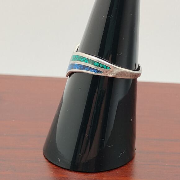 Turquoise and Lapis Chip Inlay Sterling Silver Ring Size 6.75 - Picture 2 of 8